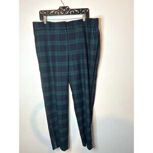 Talbots Hampshire Ankle Pants 16W Plus Black Watch Plaid Velvet Side Stripe Blue
